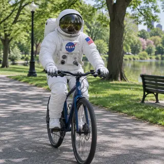 An astronaut in a spacesuit riding a bicycle through a park