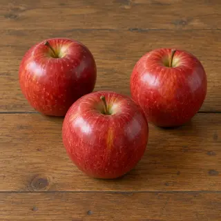 Exactly 3 red apples arranged on a wooden table