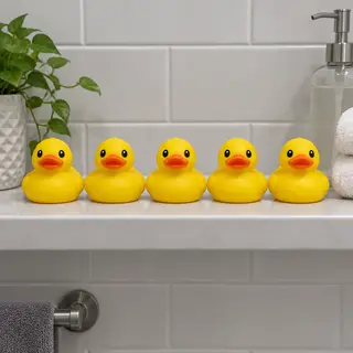 Exactly 5 yellow rubber ducks sitting in a row on a bathroom