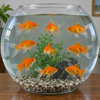 Exactly 9 goldfish swimming in a large round fishbowl