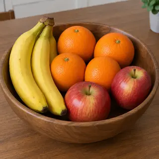 A fruit bowl containing exactly 3 bananas, 4 oranges, and 2 