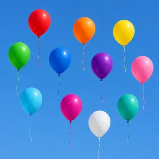 Exactly 11 colorful balloons floating against a clear blue s