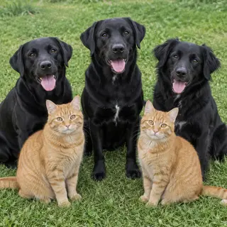 2 orange cats and 3 black dogs sitting together on a grassy 
