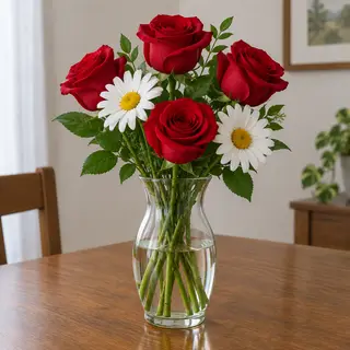 4 red roses and 2 white daisies in a glass vase on a table