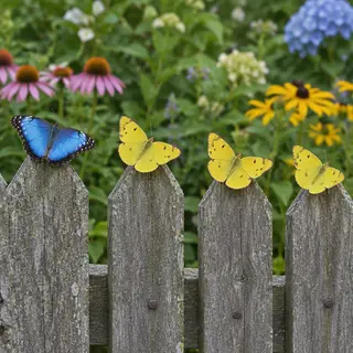 1 blue butterfly and 3 yellow butterflies resting on a garde