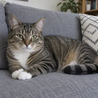 A cat lying on a couch without a collar