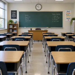 A classroom with desks and a chalkboard but no students