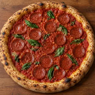 A pepperoni pizza with tomato sauce, basil, and crust but ab