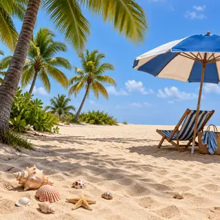 A sandy beach with palm trees, seashells, and a beach umbrel