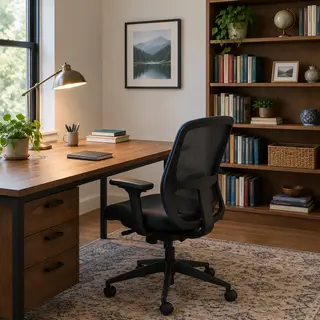 An office workspace with a desk, chair, bookshelf, and lamp 