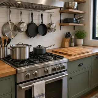 A kitchen with pots, pans, a stove, and a cutting board but 