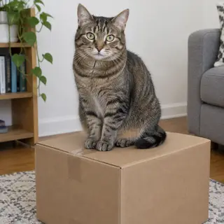A cat sitting on top of a cardboard box