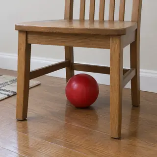 A red ball underneath a wooden chair