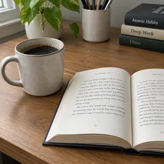 A coffee mug next to an open book on a desk