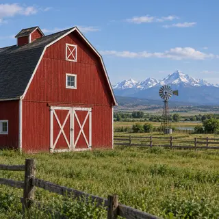 A landscape with a red barn in the foreground at large scale