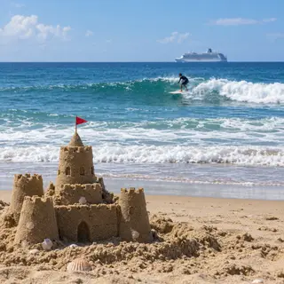 A beach scene with a sandcastle in the foreground, a surfer 
