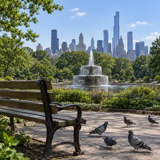 A city park with a park bench and pigeons in the foreground,
