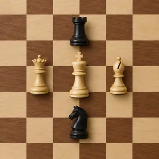 Five chess pieces on a board: a king in the center, a queen 
