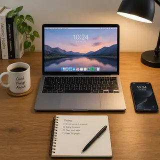 A desk scene: laptop in the center, coffee mug to the left, 