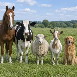 Five animals in a field: a horse on the far left, a cow to t