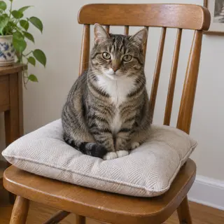 A cat sitting on a pillow, the pillow placed on a wooden cha