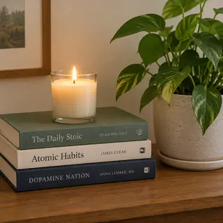 A candle on top of a stack of books, the books next to a pot