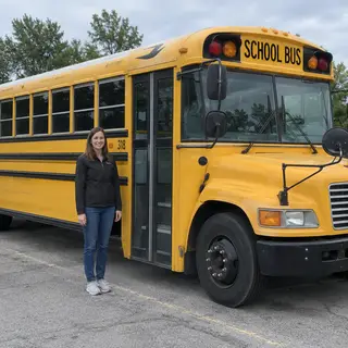 A person standing next to a yellow school bus, showing reali
