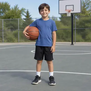 A child holding a basketball, both at correct relative sizes