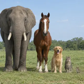 A group photo of an elephant, a horse, a dog, a cat, and a m