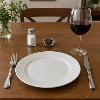 A dinner table scene with a plate, fork, knife, wine glass, 