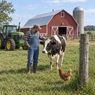 A farm scene with a barn, tractor, farmer, cow, chicken, and