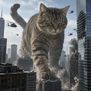 A giant tabby cat walking between city skyscrapers like a ka