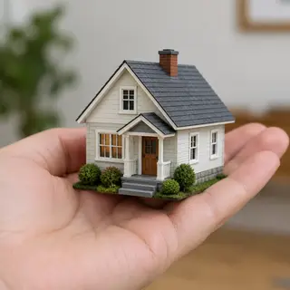 A miniature house sitting on the palm of someone's hand