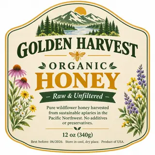 A product label for 'GOLDEN HARVEST ORGANIC HONEY' with subt