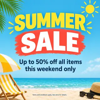A poster with headline 'SUMMER SALE' in large bold text, bod