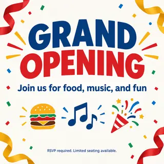 A flyer with large title 'GRAND OPENING', subtitle 'Join us 