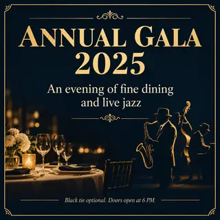 An event banner with headline 'ANNUAL GALA 2025' at the top 
