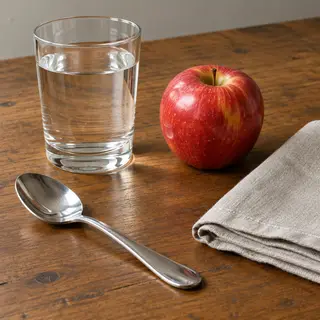A still life on a wooden table featuring a clear glass of wa