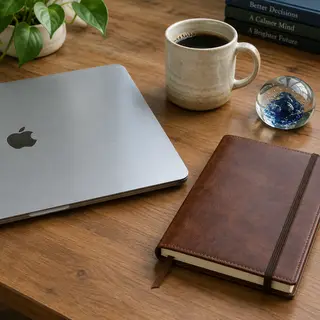 A workspace desk with a brushed aluminum laptop, a leather-b