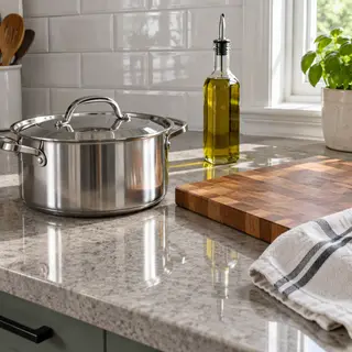A kitchen counter with a stainless steel pot, a wooden cutti