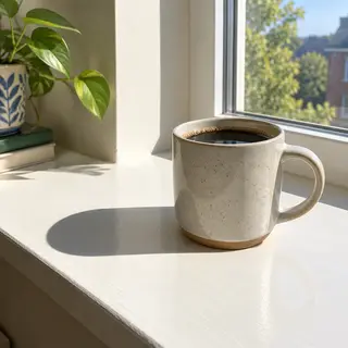 A coffee mug on a sunny windowsill casting a sharp shadow to