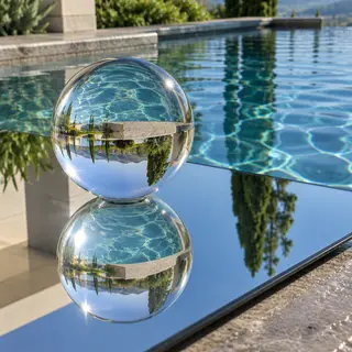 A clear glass sphere sitting on a mirror surface near a pool