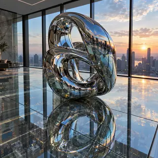 A chrome sculpture in a room with a glass floor and large wi
