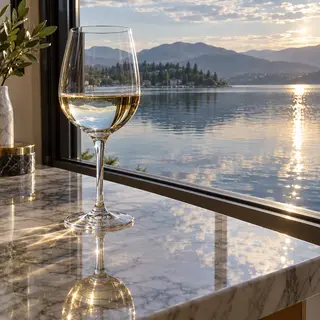 A crystal wine glass on a polished marble counter next to a 