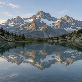 A mountain range reflected in a still alpine lake, with the 
