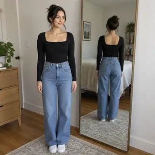 A woman standing in front of a full-length mirror, her refle