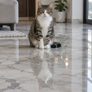 A cat sitting on a polished marble floor with its reflection