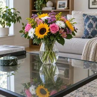 A vase of flowers on a glass table with a clear reflection v