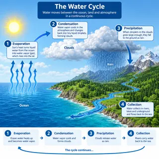 A detailed diagram of the water cycle showing evaporation fr