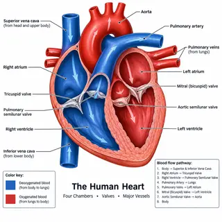 An anatomical illustration of the human heart showing four c